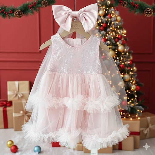 Frosty Pink Dress with Veil Bow Clip