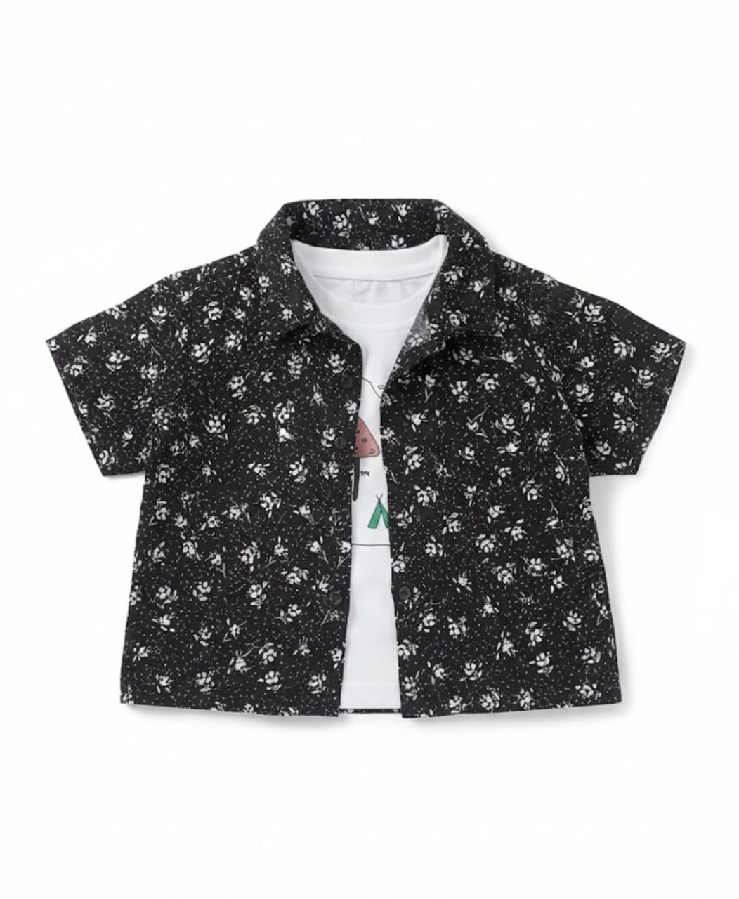 Tropical Print Shirt, Tee & Khaki Shorts Set