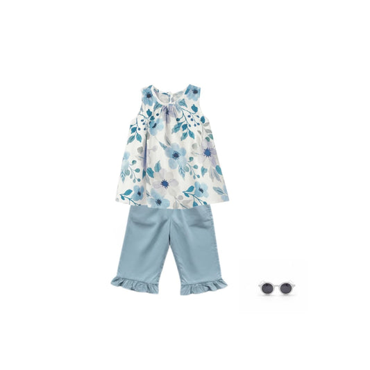 Blue Blossom Top & Trousers Set with Sunglasses