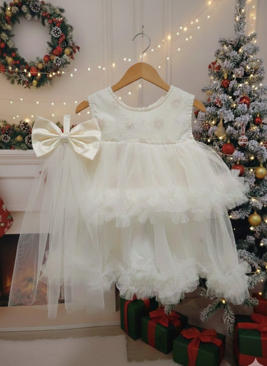 Frosty White Dress with Veil Bow Clip