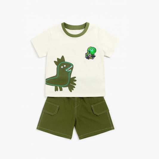 2 Pcs Set: Dino Print T-shirt & Cargo Shorts