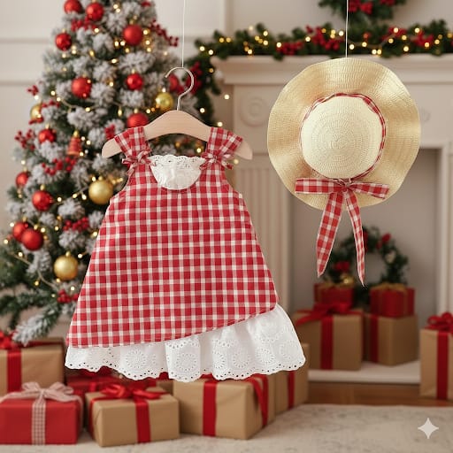 Christmas Gingham Dress & Hat Set