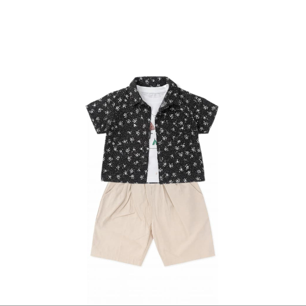 Tropical Print Shirt, Tee & Khaki Shorts Set