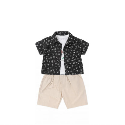 Tropical Print Shirt, Tee & Khaki Shorts Set